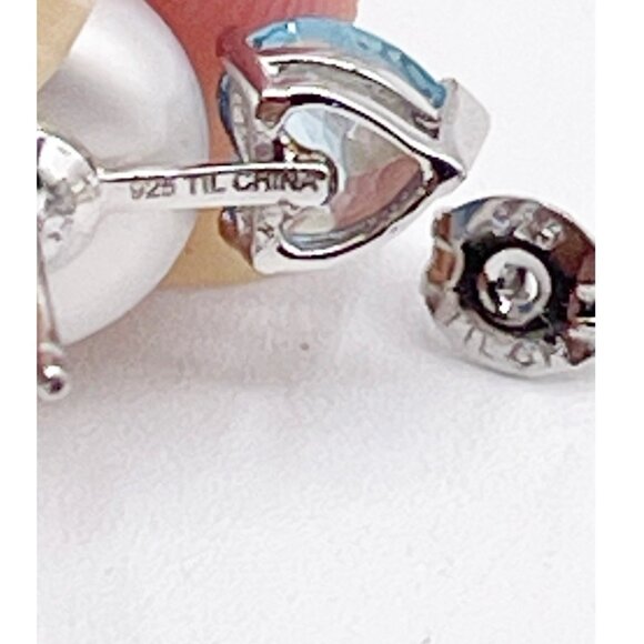 Sterling Silver 925 Pearl & Aquamarine Heart Earrings TIL China Romantic Jewelry - Picture 6 of 9